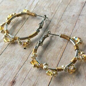 Handmade Yellow Daisy Flower Wire Wrap Hoop Earrings Seed Bead Gold Silver Boho